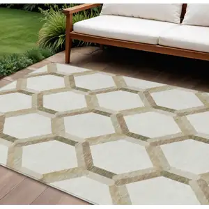 Photo of Ivory And Brown Geometric Washable Indoor Outdoor Area Rug