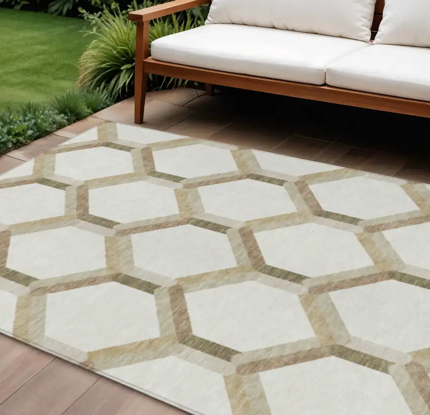 Ivory And Brown Geometric Washable Indoor Outdoor Area Rug Photo 1
