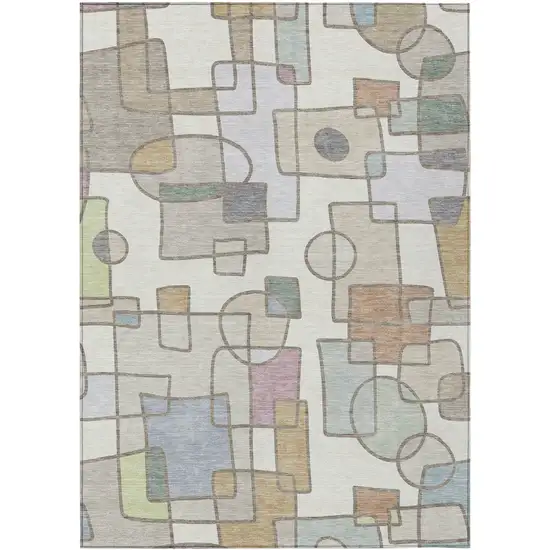 Ivory And Brown Geometric Washable Indoor Outdoor Area Rug Photo 1