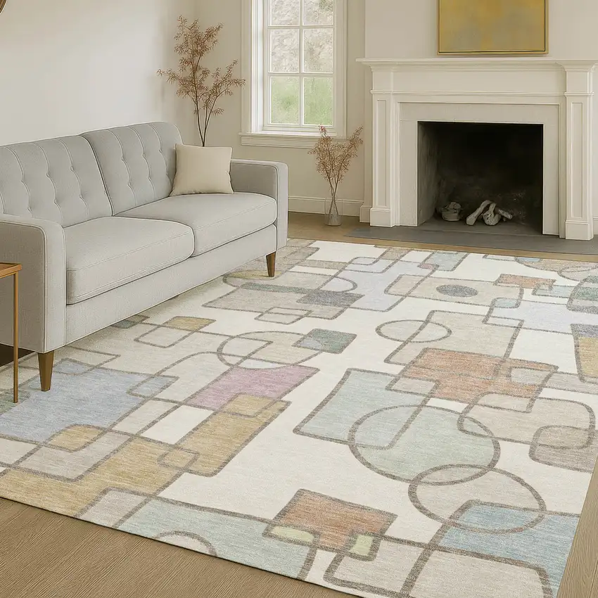 Ivory And Brown Geometric Washable Indoor Outdoor Area Rug Photo 6