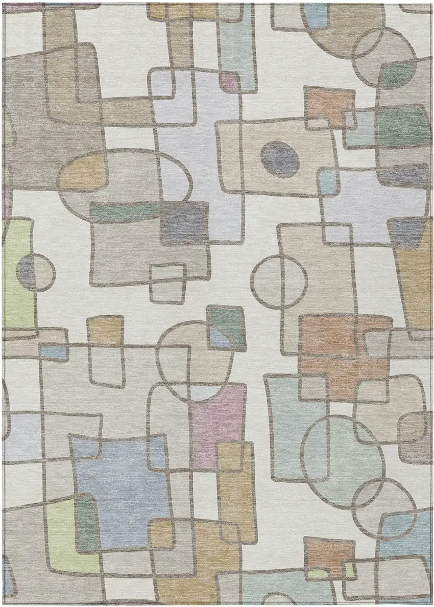 Ivory And Brown Geometric Washable Indoor Outdoor Area Rug Photo 1