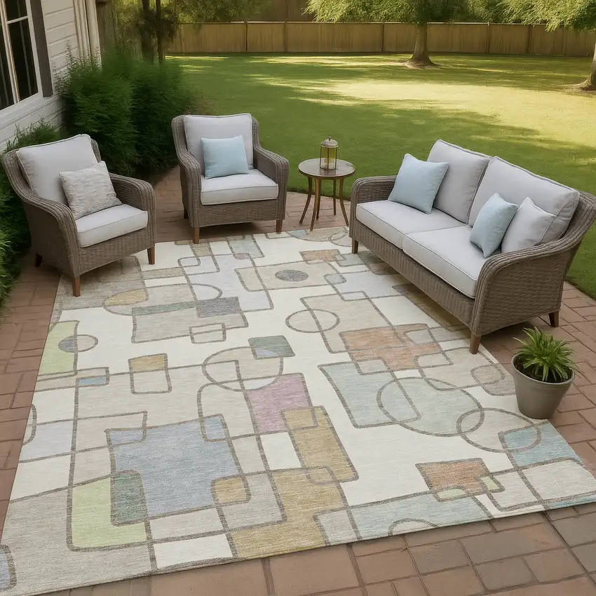 Ivory And Brown Geometric Washable Indoor Outdoor Area Rug Photo 4