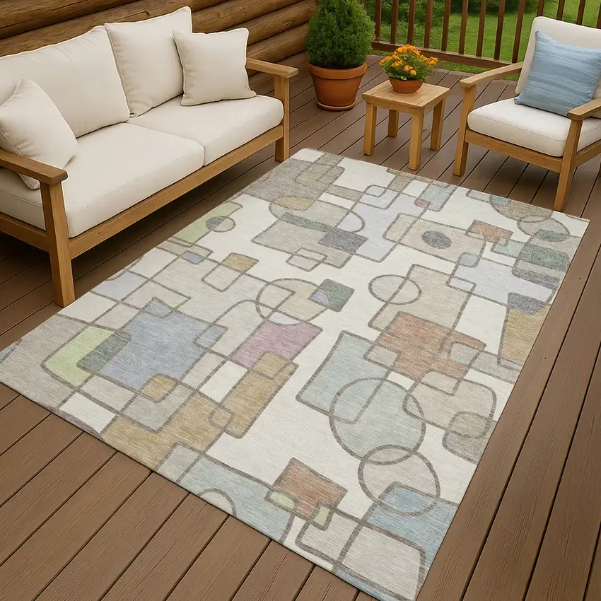 Ivory And Brown Geometric Washable Indoor Outdoor Area Rug Photo 7