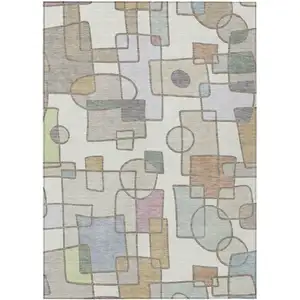 Photo of Ivory And Brown Geometric Washable Indoor Outdoor Area Rug