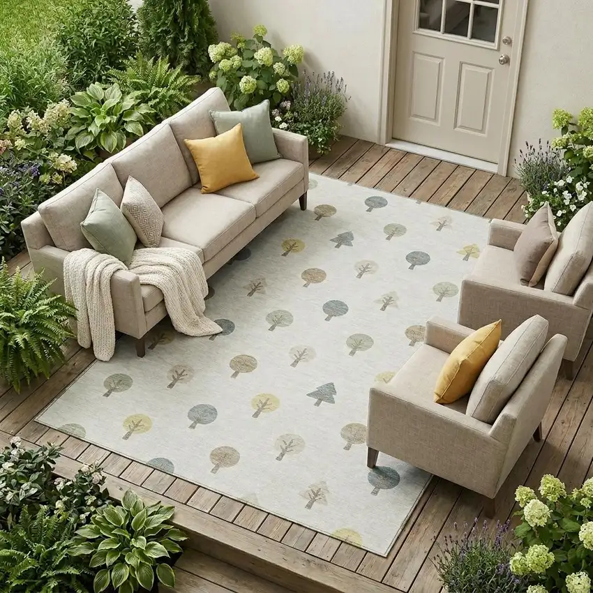 Ivory And Brown Geometric Washable Indoor Outdoor Area Rug Photo 1