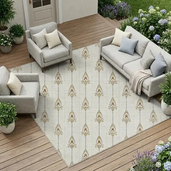 Ivory And Brown Geometric Washable Indoor Outdoor Area Rug Photo 1