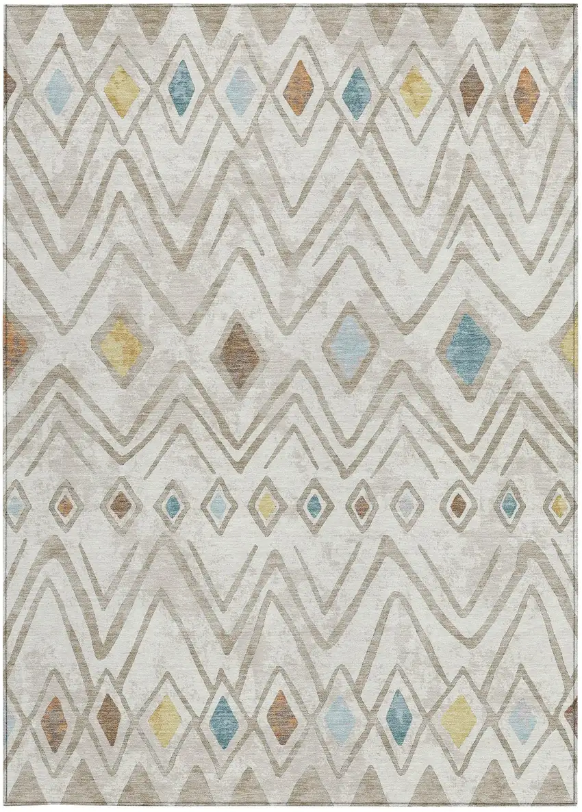 Ivory And Brown Geometric Washable Indoor Outdoor Area Rug Photo 4