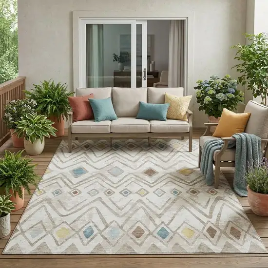 Ivory And Brown Geometric Washable Indoor Outdoor Area Rug Photo 1