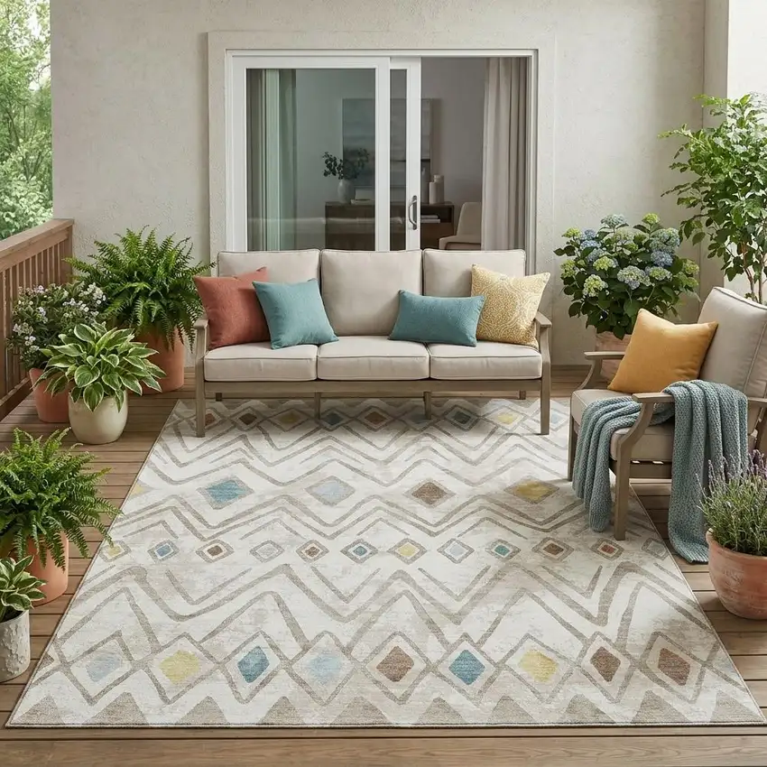 Ivory And Brown Geometric Washable Indoor Outdoor Area Rug Photo 1
