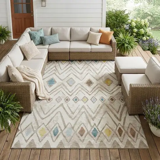 Ivory And Brown Geometric Washable Indoor Outdoor Area Rug Photo 1