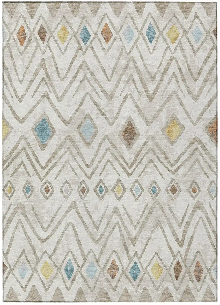 Ivory And Brown Geometric Washable Indoor Outdoor Area Rug Photo 2