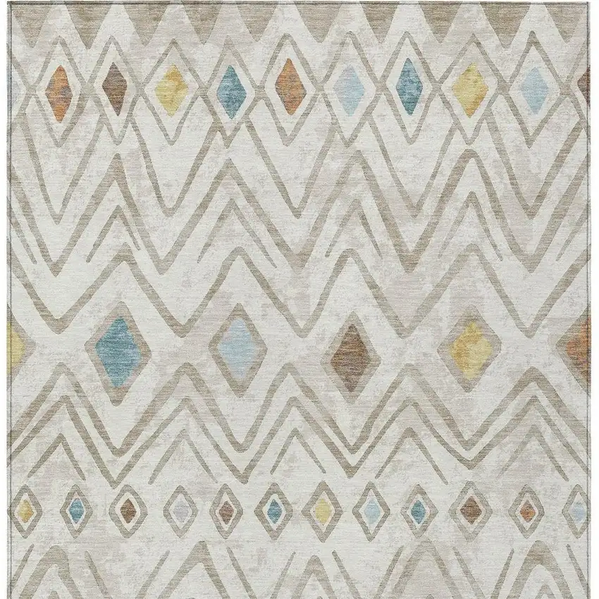Ivory And Brown Geometric Washable Indoor Outdoor Area Rug Photo 4