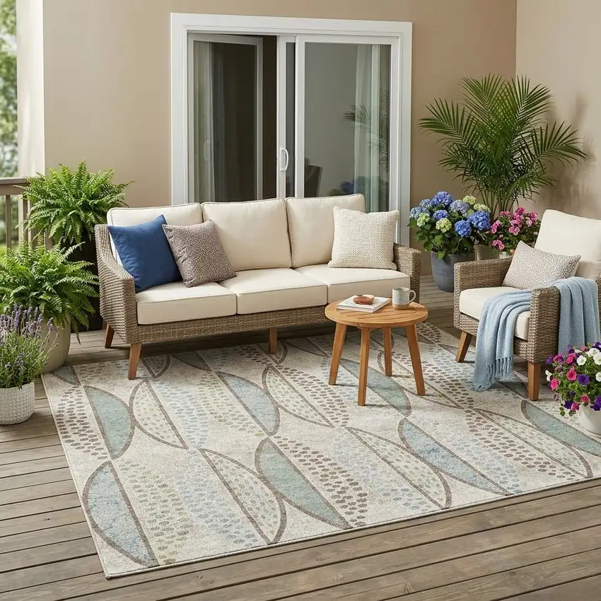 Ivory And Brown Geometric Washable Indoor Outdoor Area Rug Photo 1
