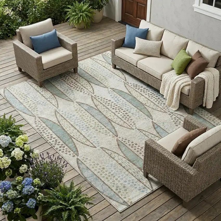 Ivory And Brown Geometric Washable Indoor Outdoor Area Rug Photo 1