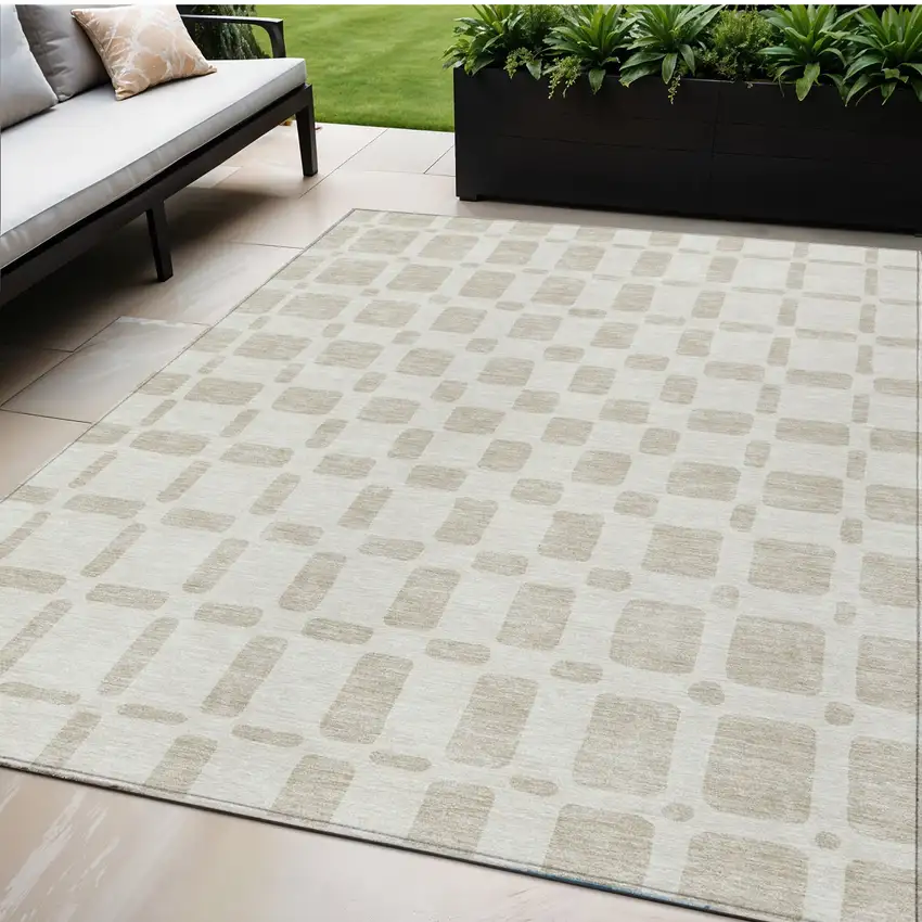 Ivory And Brown Geometric Washable Indoor Outdoor Area Rug Photo 1