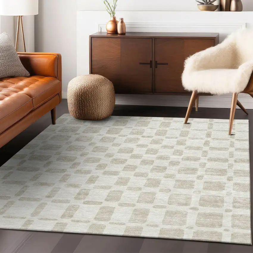 Ivory And Brown Geometric Washable Indoor Outdoor Area Rug Photo 9