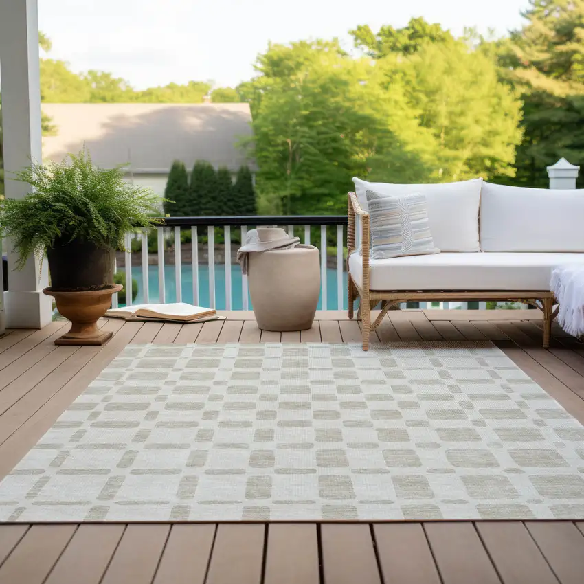 Ivory And Brown Geometric Washable Indoor Outdoor Area Rug Photo 9