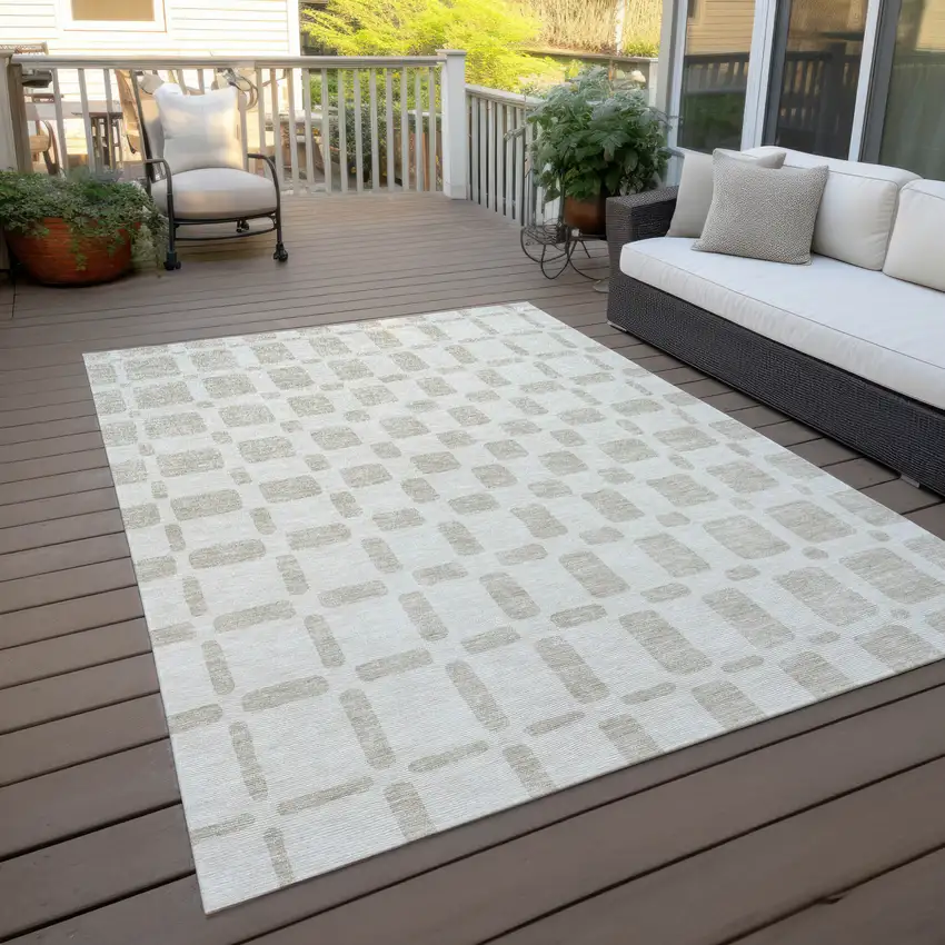 Ivory And Brown Geometric Washable Indoor Outdoor Area Rug Photo 8