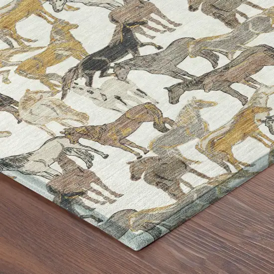 Ivory And Brown Horse Washable Indoor Outdoor Area Rug Photo 5