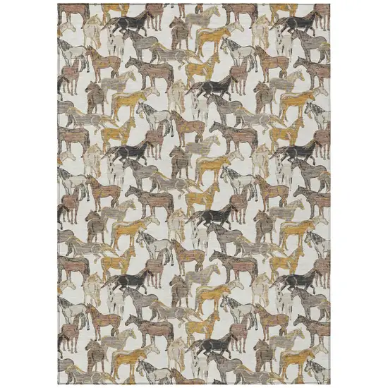 Ivory And Brown Horse Washable Indoor Outdoor Area Rug Photo 2