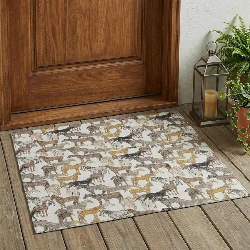 Ivory And Brown Horse Washable Indoor Outdoor Area Rug Photo 1