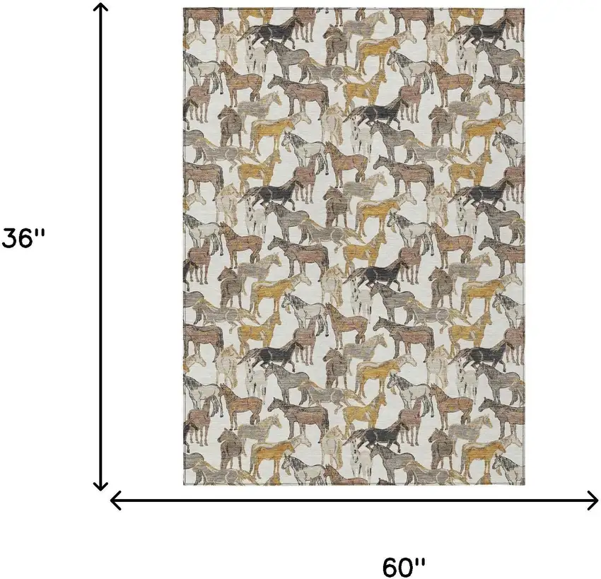Ivory And Brown Horse Washable Indoor Outdoor Area Rug Photo 7
