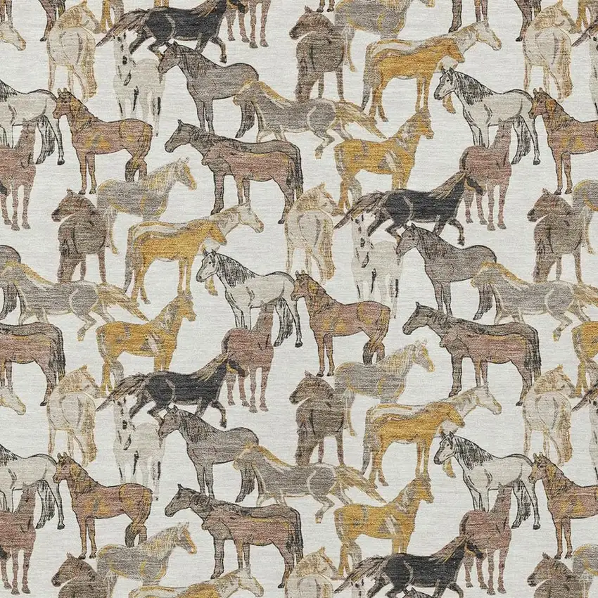 Ivory And Brown Horse Washable Indoor Outdoor Area Rug Photo 3