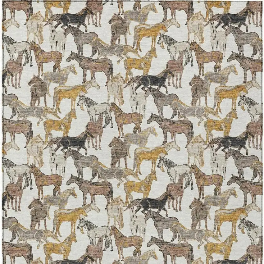Ivory And Brown Horse Washable Indoor Outdoor Area Rug Photo 4