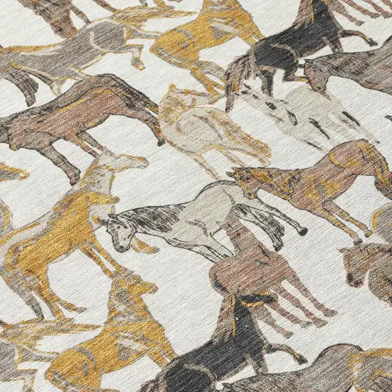 Ivory And Brown Horse Washable Indoor Outdoor Area Rug Photo 6