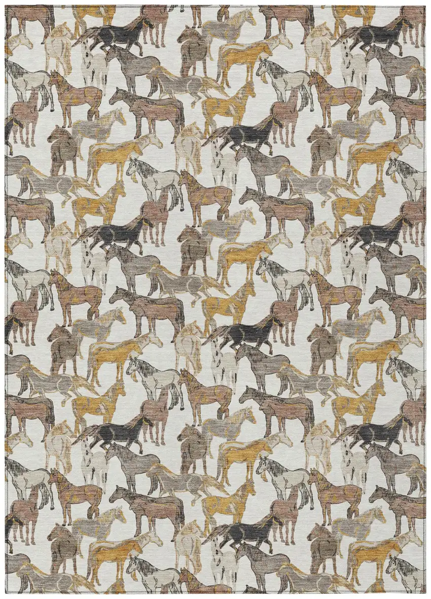 Ivory And Brown Horse Washable Indoor Outdoor Area Rug Photo 2