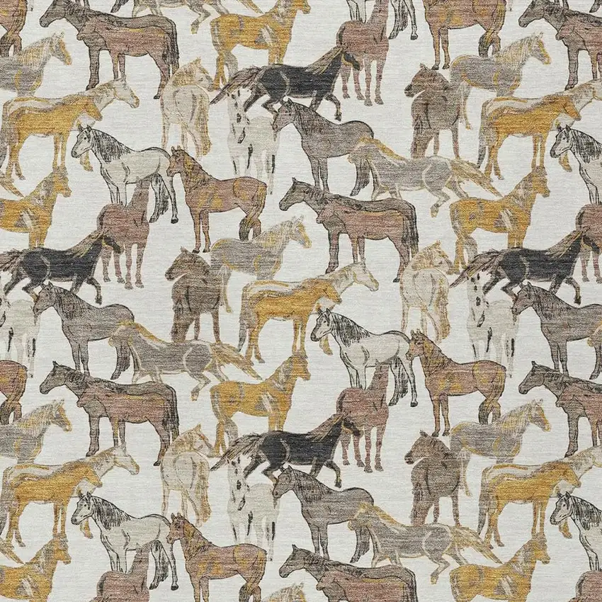 Ivory And Brown Horse Washable Indoor Outdoor Area Rug Photo 3