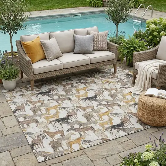 Ivory And Brown Horse Washable Indoor Outdoor Area Rug Photo 1