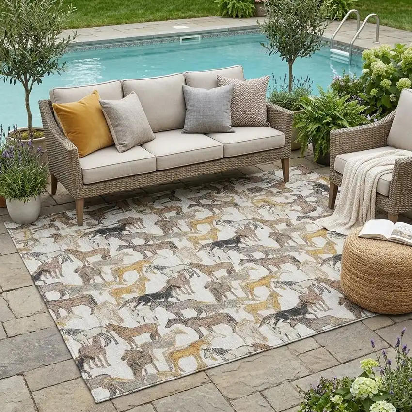 Ivory And Brown Horse Washable Indoor Outdoor Area Rug Photo 1