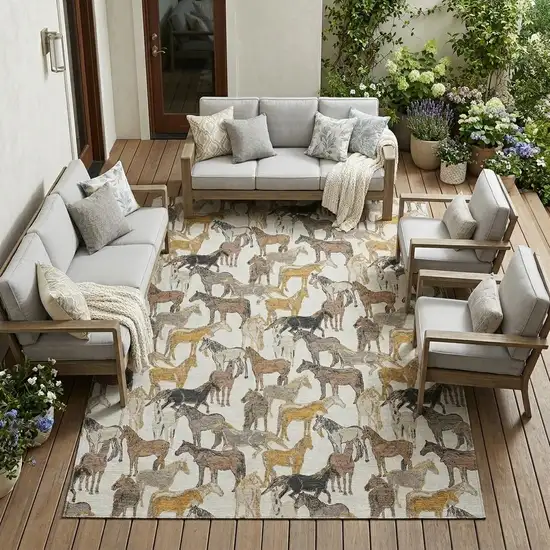 Ivory And Brown Horse Washable Indoor Outdoor Area Rug Photo 1