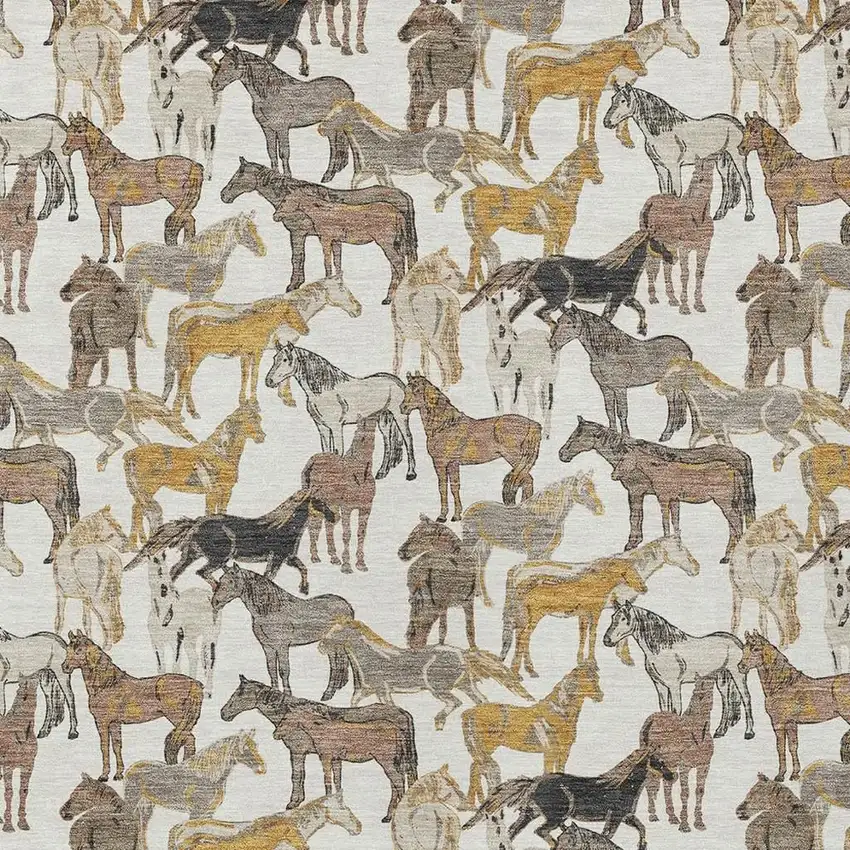 Ivory And Brown Horse Washable Indoor Outdoor Area Rug Photo 3