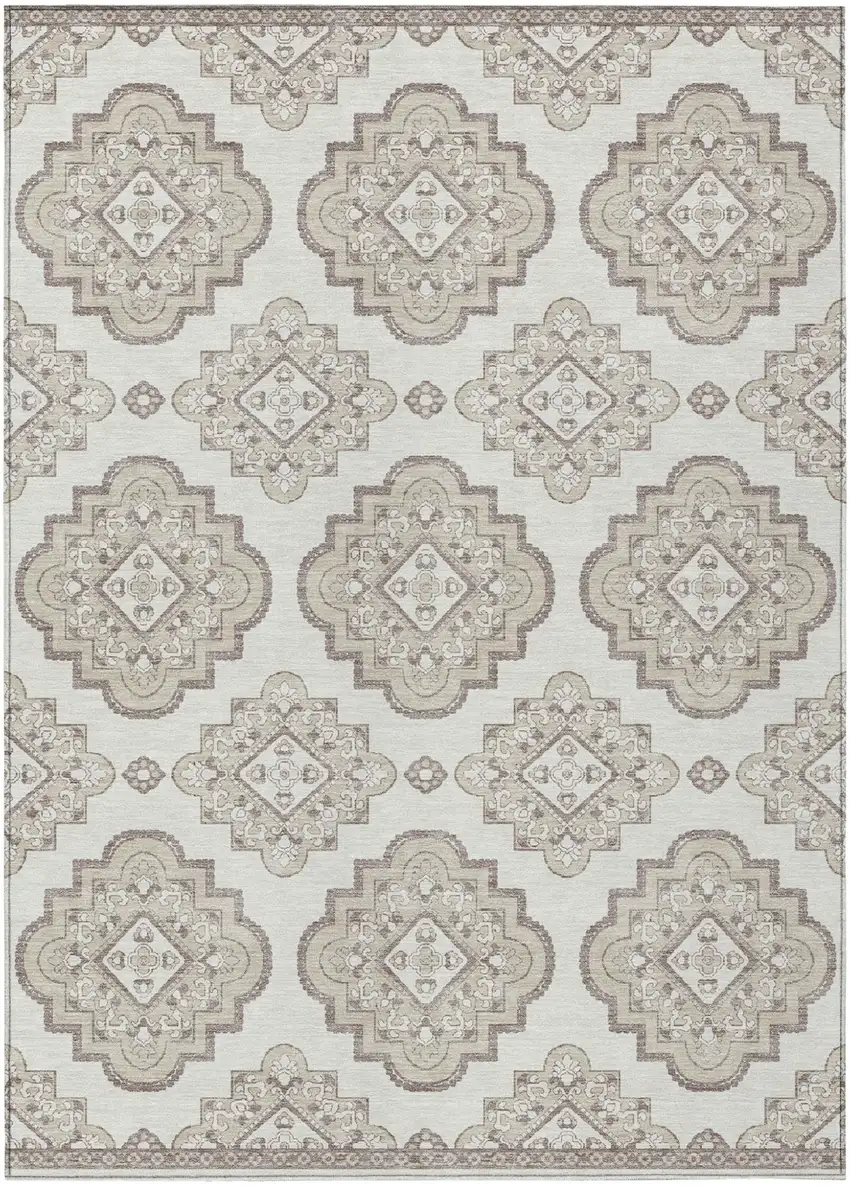 Ivory And Brown Medallion Washable Indoor Outdoor Area Rug Photo 2