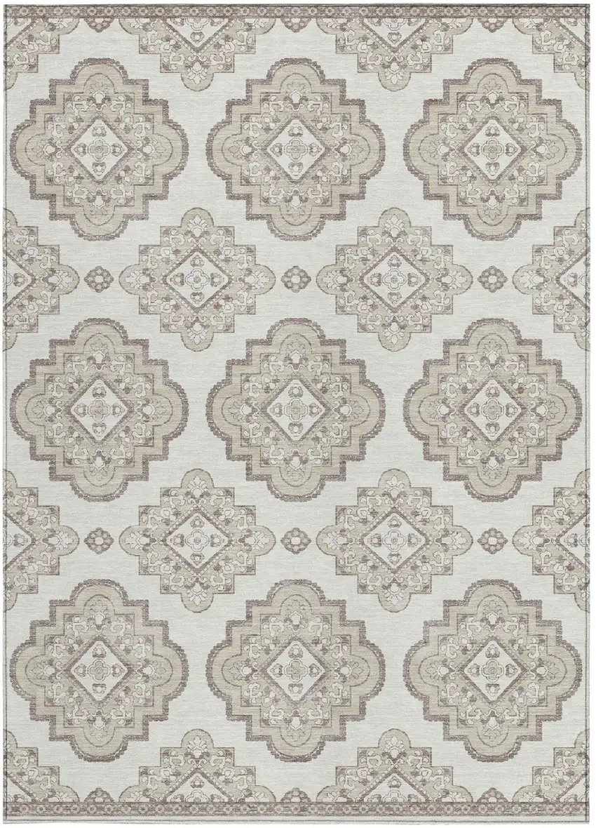 Ivory And Brown Medallion Washable Indoor Outdoor Area Rug Photo 7