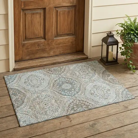 Ivory And Brown Ogee Washable Indoor Outdoor Area Rug Photo 1