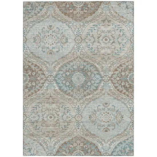Ivory And Brown Ogee Washable Indoor Outdoor Area Rug Photo 4