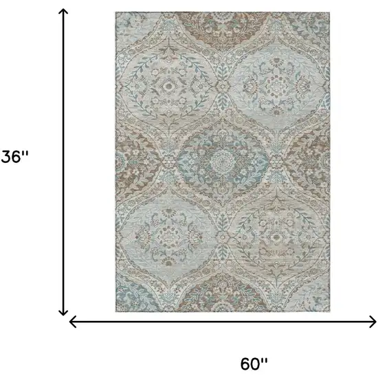 Ivory And Brown Ogee Washable Indoor Outdoor Area Rug Photo 7