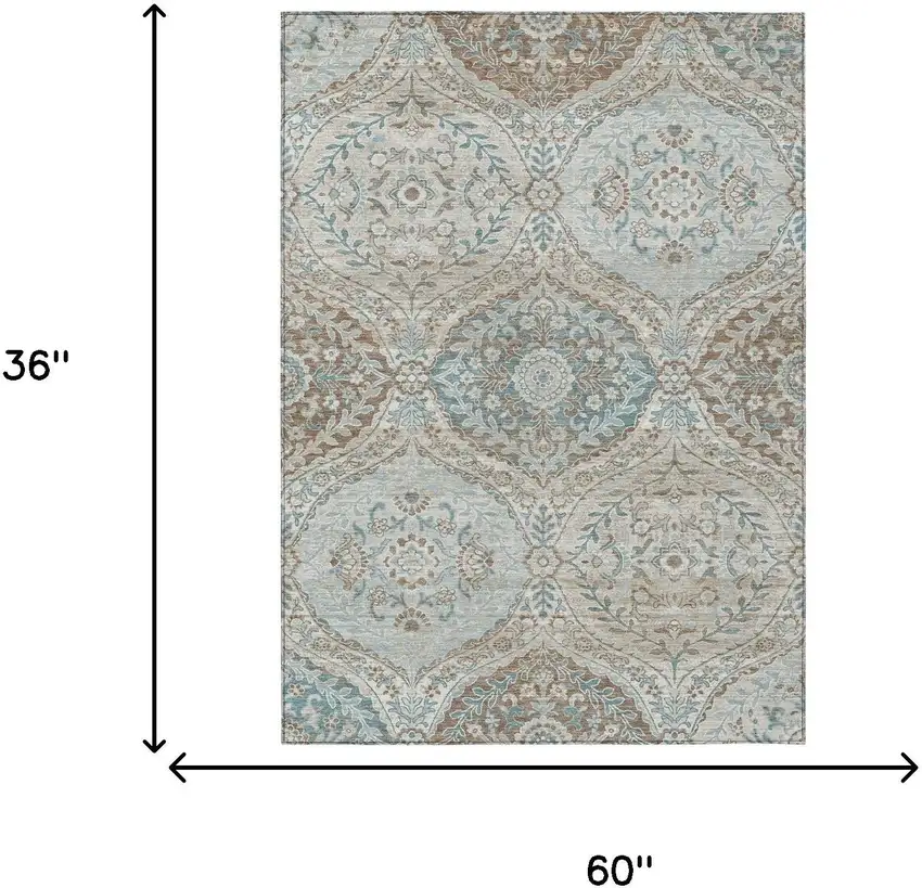 Ivory And Brown Ogee Washable Indoor Outdoor Area Rug Photo 7