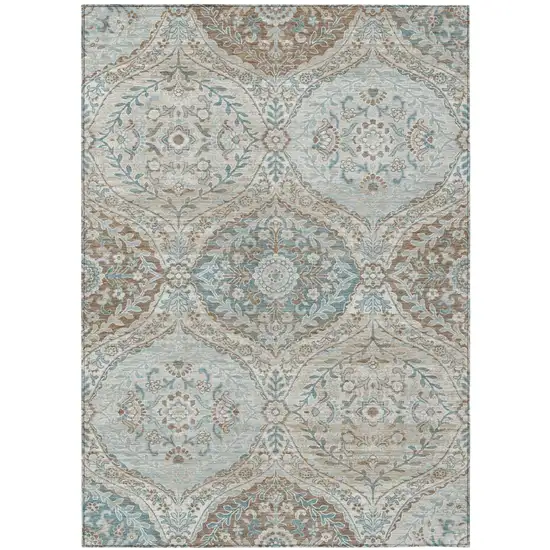 Ivory And Brown Ogee Washable Indoor Outdoor Area Rug Photo 2