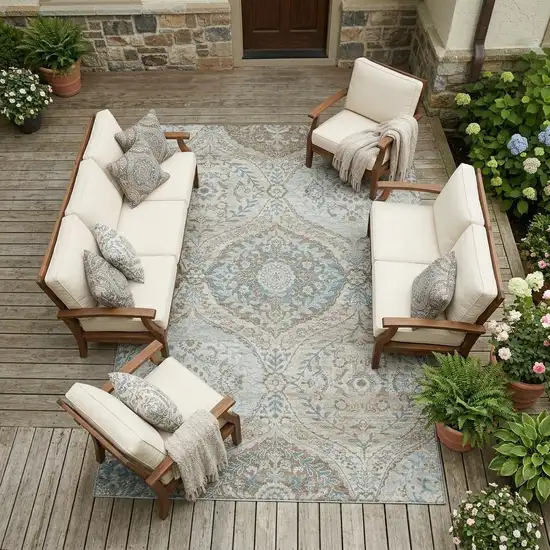 Ivory And Brown Ogee Washable Indoor Outdoor Area Rug Photo 1