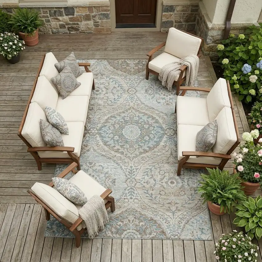 Ivory And Brown Ogee Washable Indoor Outdoor Area Rug Photo 1