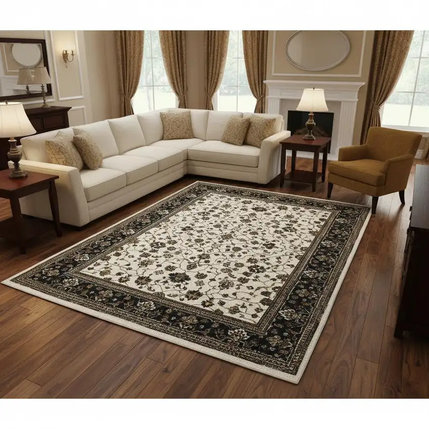 Ivory And Brown Oriental Area Rug With Fringe Photo 1