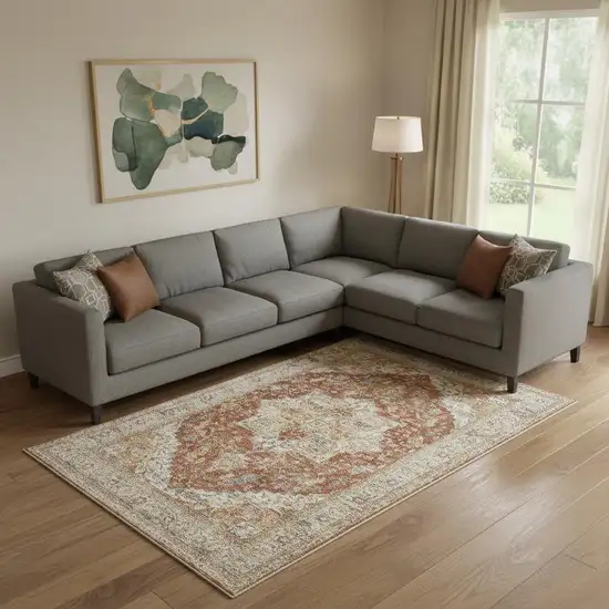 Ivory And Brown Oriental Distressed Area Rug Photo 1