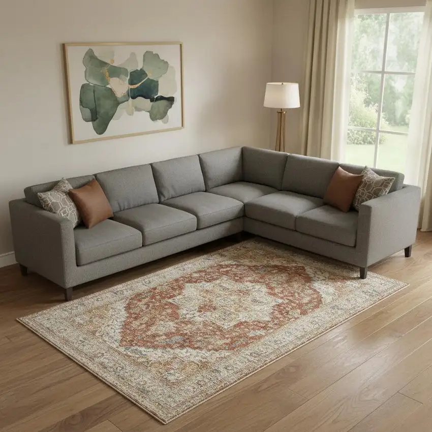 Ivory And Brown Oriental Distressed Area Rug Photo 1