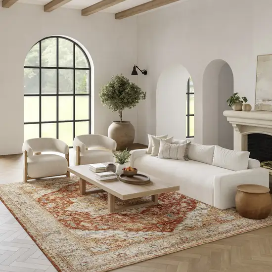 Ivory And Brown Oriental Distressed Area Rug Photo 3