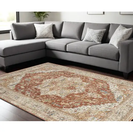 Ivory And Brown Oriental Distressed Area Rug Photo 1