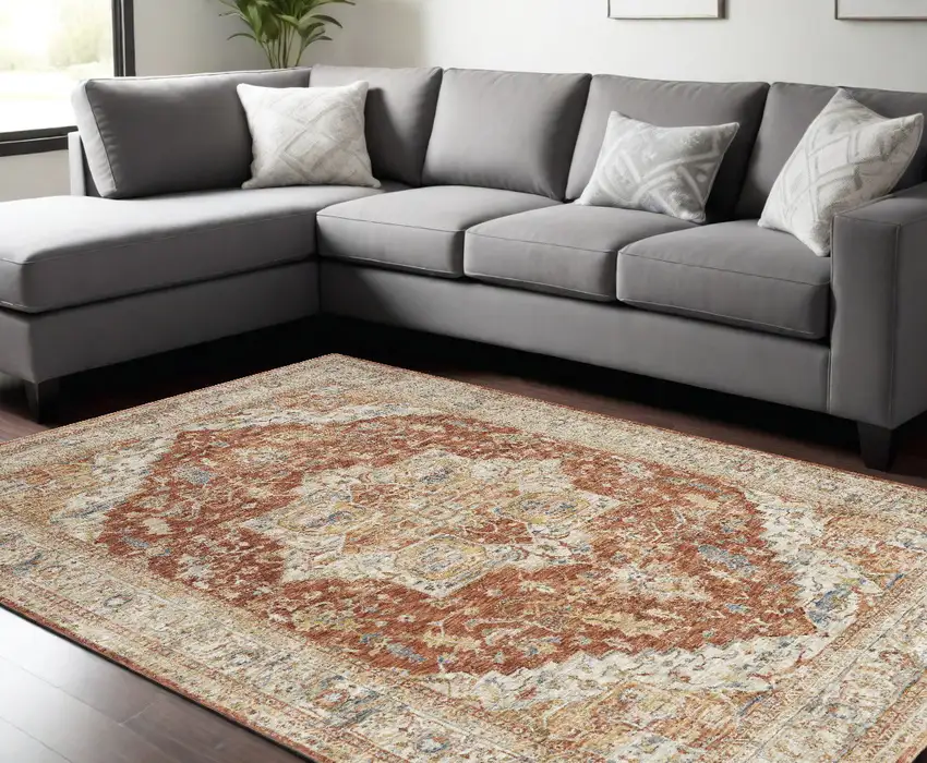 Ivory And Brown Oriental Distressed Area Rug Photo 1